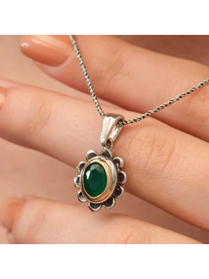 Gümüş Yeşil Çiçek Desenli Otantik Kadın Kolye SL9643