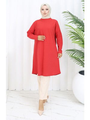 Sefa Merve Rahat Kesim Cotton Sade Tunik 8757-01 Kırmızı
