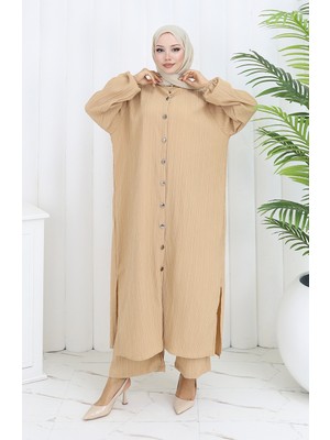 Sefa Merve Bürümcük Kumaş Tunik Pantolon Ikili Takım 2093-01 Sütlü Kahve