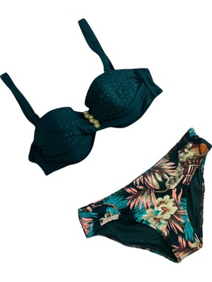 Kadın Zümrüt Yeşil Taş Işlemeli Aksesuar Detaylı Astarlı Bikini Takımı HZL25S-LC4005