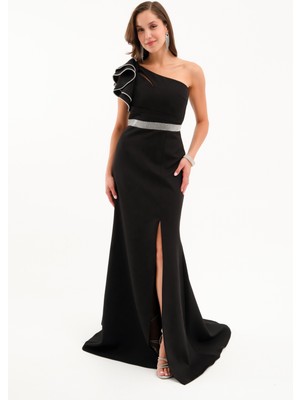 Kadın Siyah Tek Omuz Fırfırlı Uzun Söz Nişan Nikah Abiye Elbise