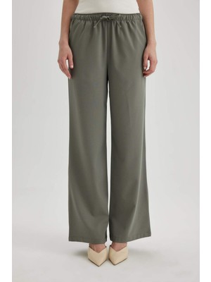 DeFacto Pantolon Wide Leg Geniş Bol Paça Yüksek Bel Cepli Bağcıklı Basic Düz Standart Boy
