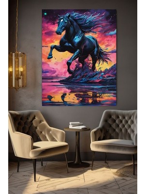 Özkacar Group Nehirde Koşan Kara At Kanvas Tablo Ev Duvar Salon Ofis Dükkan Hediyelik Dekarasyon Süsü