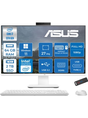 Asus V470VAK Intel Core I7-13620H 64GB Ddr5 2tb SSD 27'' Fhd 100Hz 300NITS Windows 11 Home Beyaz Allınone Bilgisayar ABI716512W0DH29+ZETTAUSBBELLEK
