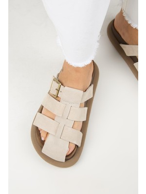 Manijero Brancato Kadın Hakiki Deri Tokalı Bantlı Sabo Bej Terlik