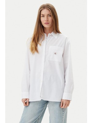 Kadın Relaxed Fit Cepli Esnek Poplin Gömlek - Beyaz