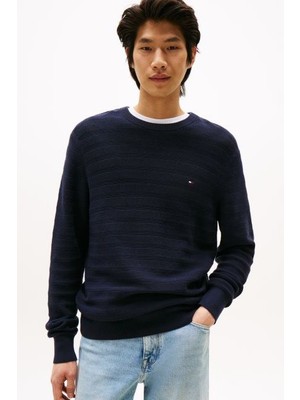 Erkek Dokulu Çizgili Bisiklet Yaka Triko Kazak - Lacivert