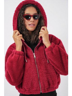 Gökyüzü Moda 5193 Kapüşonlu Peluş Crop Ceket - Bordo