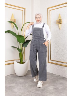 Kadın Cep Detaylı Askılı Gri Kot Tulum