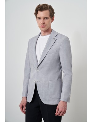  Erkek Gri Örme Desenli Slim Fit Mono Yaka Ceket