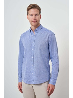  Erkek Mavi Keten Trend Dynamic Fit Düğmeli Yaka Gömlek
