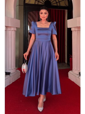 Saten Kumaş Kare Yaka Balon Kol Midi Elbise - Indigo Mavi