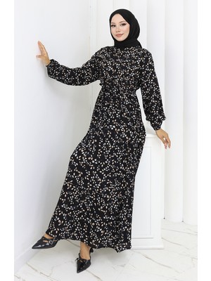 Sefa Merve Çiçek Desenli Viskon Elbise 0113-02 Siyah