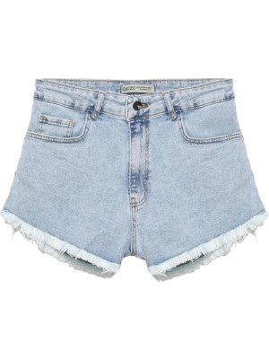 Paçaları Püsküllü Denım Short Buz Mavi