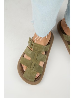 Manijero Brancato Kadın Hakiki Deri Tokalı Bantlı Sabo Haki Terlik