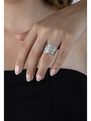 925 Ayar Gümüş Kalın Taş Tasarımlı Üç Bant Yüzük