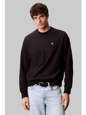 Erkek Bisiklet Yaka Nakış Logolu Sweatshirt - Siyah