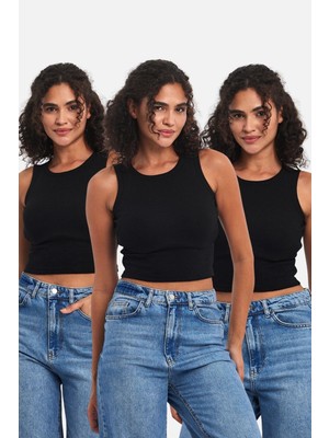 Fitilli Siyah Crop Halter Yaka Sıfır Kol Pamuklu 3'lü Kadın Atlet