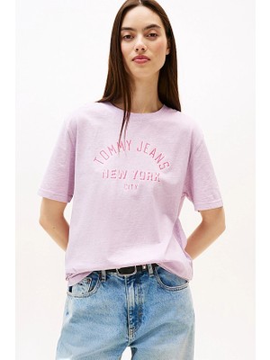 Kadın Varsity Logolu Relaxed Fit T-Shirt - Pembe