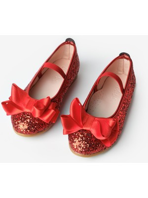 Kırmızı  Fiyonklu Simli Kız Çocuk Ayakkabı