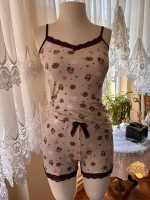 Ince Askılı Şortlu Pamuklu Pijama Takımı Dantel Detaylı