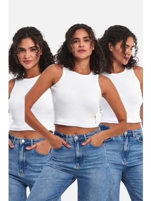 Fitilli Siyah Crop Halter Yaka Sıfır Kol Pamuklu 3'lü Kadın Atlet