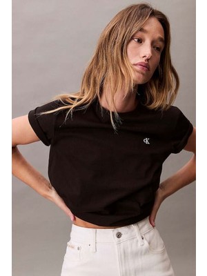 Kadın Regular Fit Bisiklet Yaka Monogram Nakışlı T-Shirt - Siyah