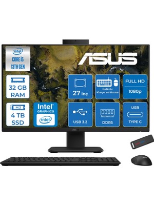 Asus V470VAK Intel Core İ5-13420H 32GB Ddr5 4tb SSD 27'' Fhd 100Hz 300NITS Freedos  Siyah Allınone Bilgisayar ASI58512B0DF15+ZETTAUSBBELLEK