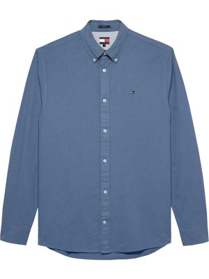 Erkek Regular Fit Düğmeli Yaka Keten Karışımlı Gömlek - Mavi