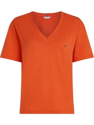 Kadın Slub Crop V-Neck Kısa Kollu T-Shirt - Turuncu