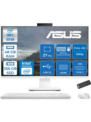 Asus V470VAK Intel Core I7-13620H 48GB Ddr5 256GB SSD 27'' Fhd 100Hz 300NITS Freedos  Beyaz Allınone Bilgisayar ABI716512W0DF21+ZETTAUSBBELLEK
