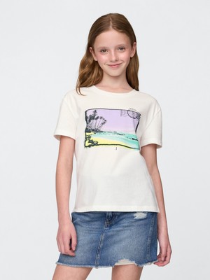 Gap Kız Çocuk Beyaz Grafik Baskılı T-Shirt