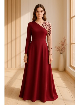 Asimetrik Kesim Aplikeli Tüllü Abiye Elbise Kadın İçin Şık Tasarım ve Likralı Krep Kumaş