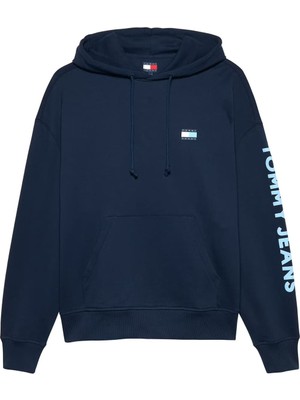 Erkek Cropped Fit Kapüşonlu Kol Baskılı Sweatshirt - Lacivert