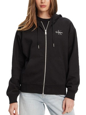 Kadın Boyfriend Fit Kapüşonlu Fermuarlı Sweatshirt - Siyah