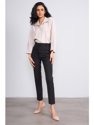 Canseven 1019 Siyah Kadın Yüksek Bel Kalem Kesim Uzun Boy Cigarette Kumaş Pantolon