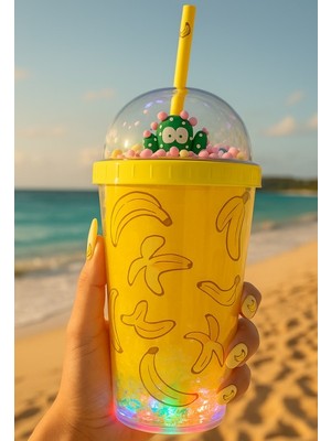 Fresh Temalı Suluk Pipetli Buzlu Cam Görünümlü LED Işıklı 450 ml Çift Katman Mika 2768