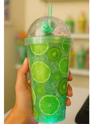 Buzz Temalı Suluk Pipetli Buzlu Cam Görünümlü LED Işıklı 450 ml Çift Katman Mika 2768