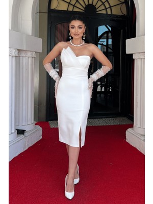 Atlas Kumaş Straplez Kalem Elbise - Beyaz