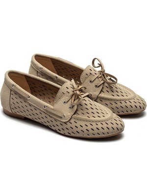 Dedos Kadın Süet Bağcıklı Delikli Espadril Babet Ayakkabı 9075 Bej Renk PVC Taban ile Rahat Günlük Stil