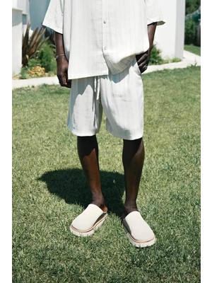 Erkek Beli Lastikli Keten Görünümlü Çizgili Baggy Şort Bej