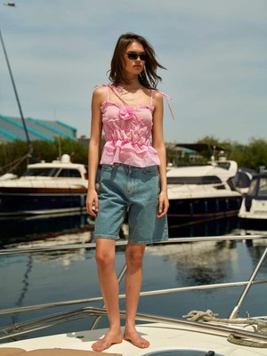 Lefon Gül Detaylı Askılı Bluz  - Pembe Pembe - 38