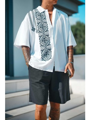 Erkek Nakış Desenli Kısa Kollu Süper Oversize Gömlek Beyaz