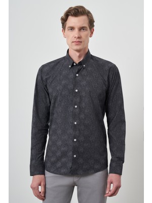  Erkek Siyah Slim Fit Düğmeli Yaka Gömlek