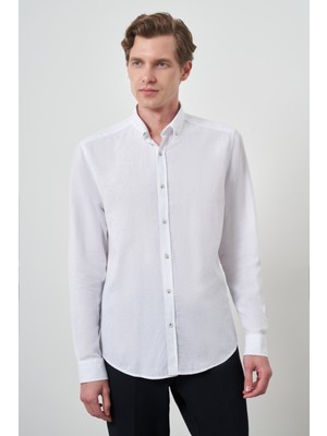  Erkek Beyaz Keten Trend Dynamic Fit Düğmeli Yaka Gömlek
