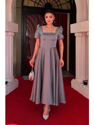 Saten Kumaş Kare Yaka Balon Kol Midi Elbise - Mint Yeşili