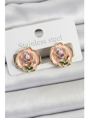 Pirinç Pembe Mineli Çiçek Figürlü Sanatsal Portre Model Gold Renk Kadın Küpe SL12219