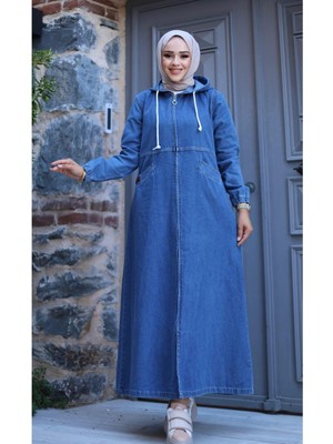 Kadın Fermuarlı Cepli Kapüşonlu Denim Kot Kap