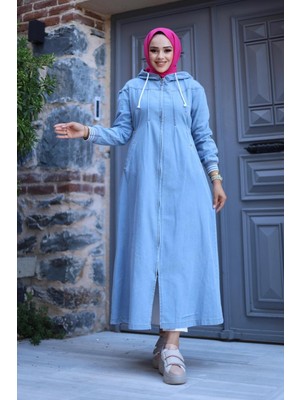 Kadın Fermuarlı Cepli Kapüşonlu Kol Ribanalı Denim Kot Kap