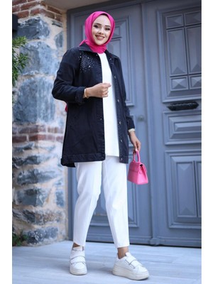 Kadın Taş Işlemeli Denim Kot Ceket